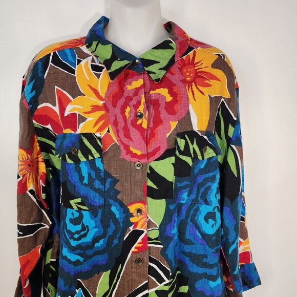 Chicos Top Size 0 Small Multicolor Floral 100% Linen Button Pockets 3/4 Sleeve - Picture 3 of 9